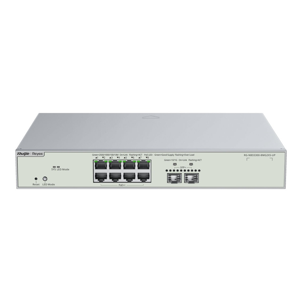 Ruijie RG-NBS3300-8MG2XS-P, 8-Port Muti-Gigabit Layer 2 Managed Switch with 8 x PoE+ Ports, and 2 x SFP+ Uplink Ports